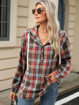 Drawstring Plaid Hooded Long Sleeve Top - V.I.P Digital Presence