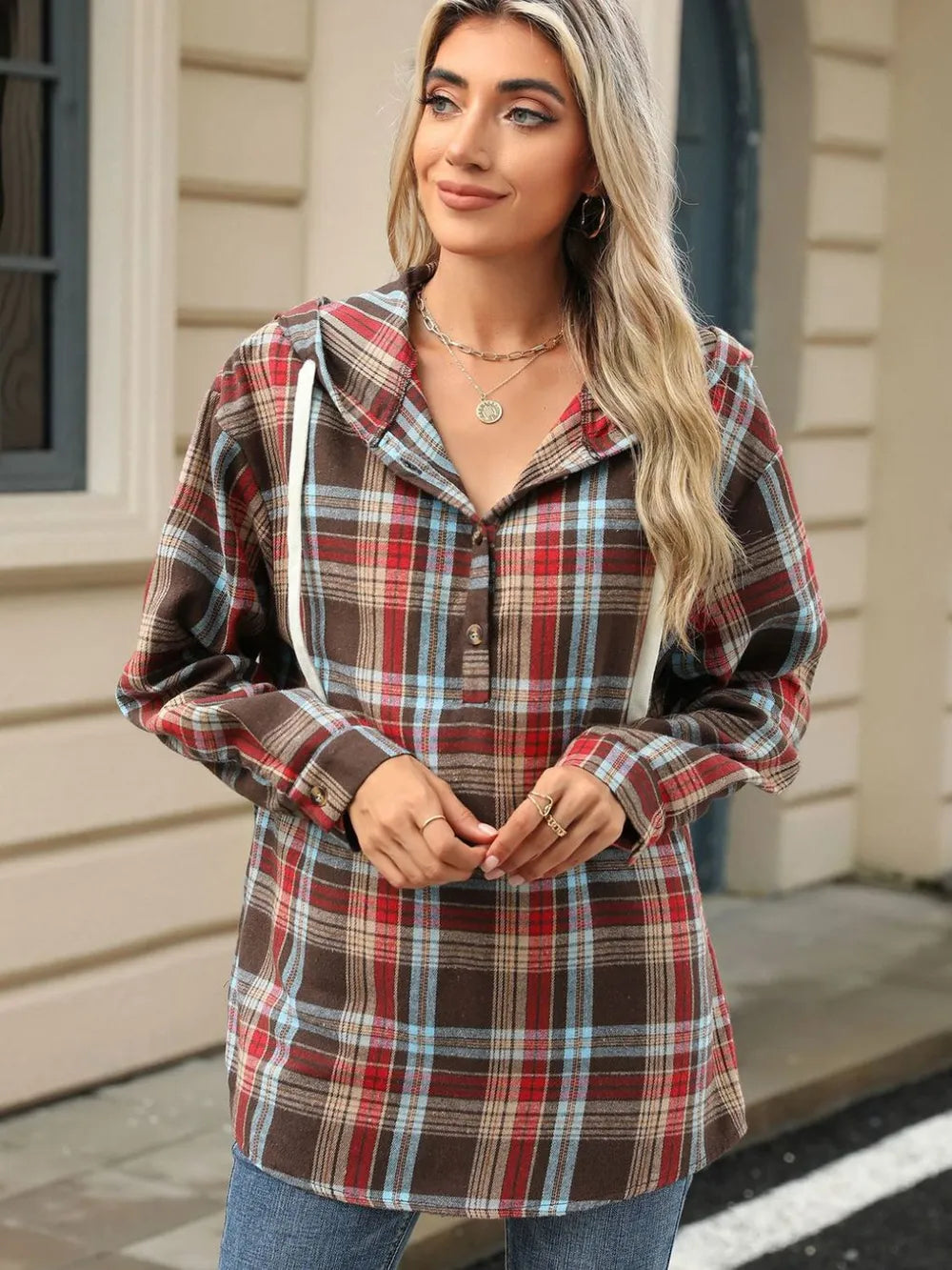 Drawstring Plaid Hooded Long Sleeve Top - V.I.P Digital Presence