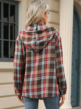 Drawstring Plaid Hooded Long Sleeve Top - V.I.P Digital Presence