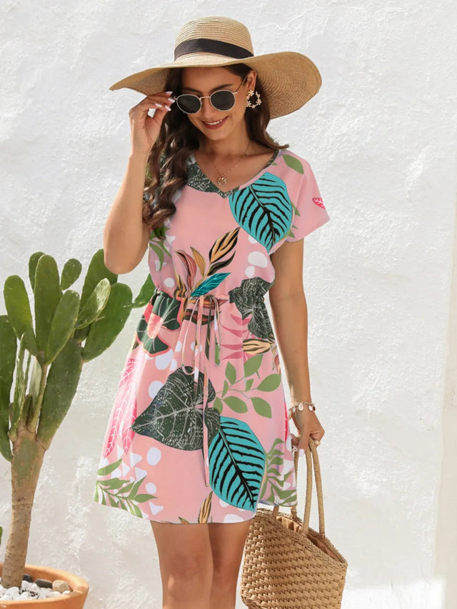 Drawstring Printed V-Neck Mini Dress - V.I.P Digital Presence
