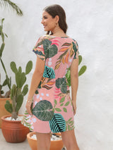 Drawstring Printed V-Neck Mini Dress - V.I.P Digital Presence