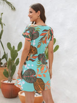 Drawstring Printed V-Neck Mini Dress - V.I.P Digital Presence