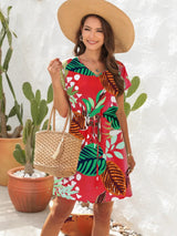 Drawstring Printed V-Neck Mini Dress - V.I.P Digital Presence