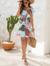 Drawstring Printed V-Neck Mini Dress - V.I.P Digital Presence