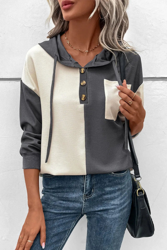 Drawstring Quarter Button Contrast Long Sleeve Hoodie - V.I.P Digital Presence