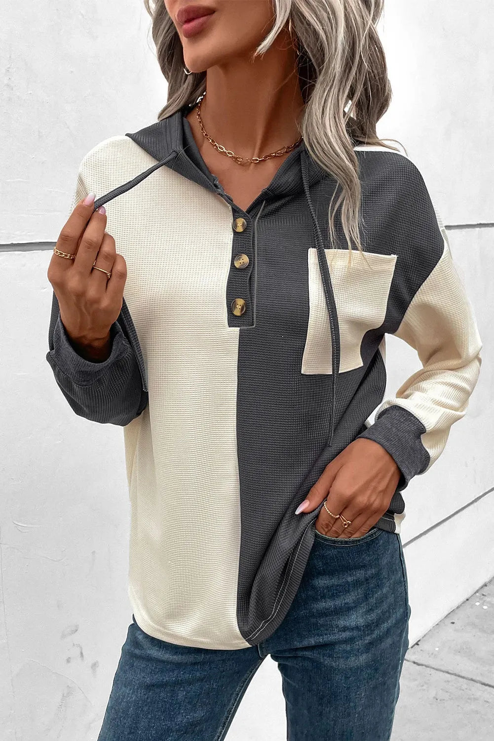 Drawstring Quarter Button Contrast Long Sleeve Hoodie - V.I.P Digital Presence