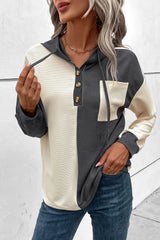 Drawstring Quarter Button Contrast Long Sleeve Hoodie - V.I.P Digital Presence