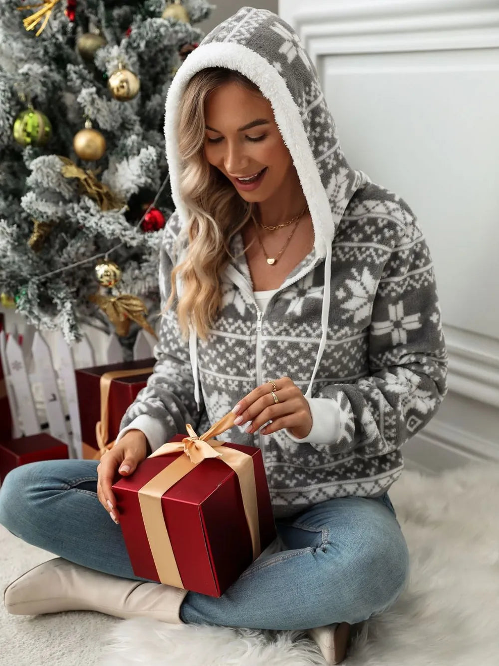Drawstring Snowflake Zip Up Hooded Outerwear - V.I.P Digital Presence