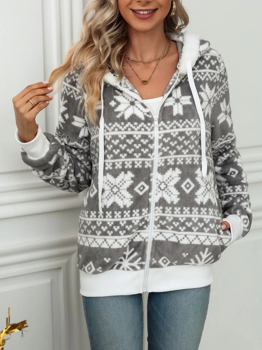 Drawstring Snowflake Zip Up Hooded Outerwear - V.I.P Digital Presence