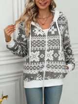 Drawstring Snowflake Zip Up Hooded Outerwear - V.I.P Digital Presence