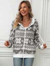 Drawstring Snowflake Zip Up Hooded Outerwear - V.I.P Digital Presence