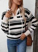 Drawstring Striped Long Sleeve Hooded Sweater - V.I.P Digital Presence