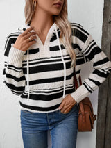 Drawstring Striped Long Sleeve Hooded Sweater - V.I.P Digital Presence