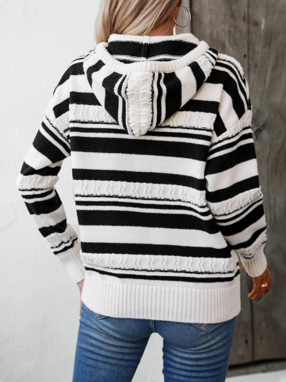 Drawstring Striped Long Sleeve Hooded Sweater - V.I.P Digital Presence