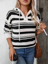 Drawstring Striped Long Sleeve Hooded Sweater - V.I.P Digital Presence