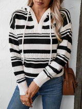 Drawstring Striped Long Sleeve Hooded Sweater - V.I.P Digital Presence