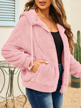 Drawstring Zip Up Hooded Plush Jacket - V.I.P Digital Presence