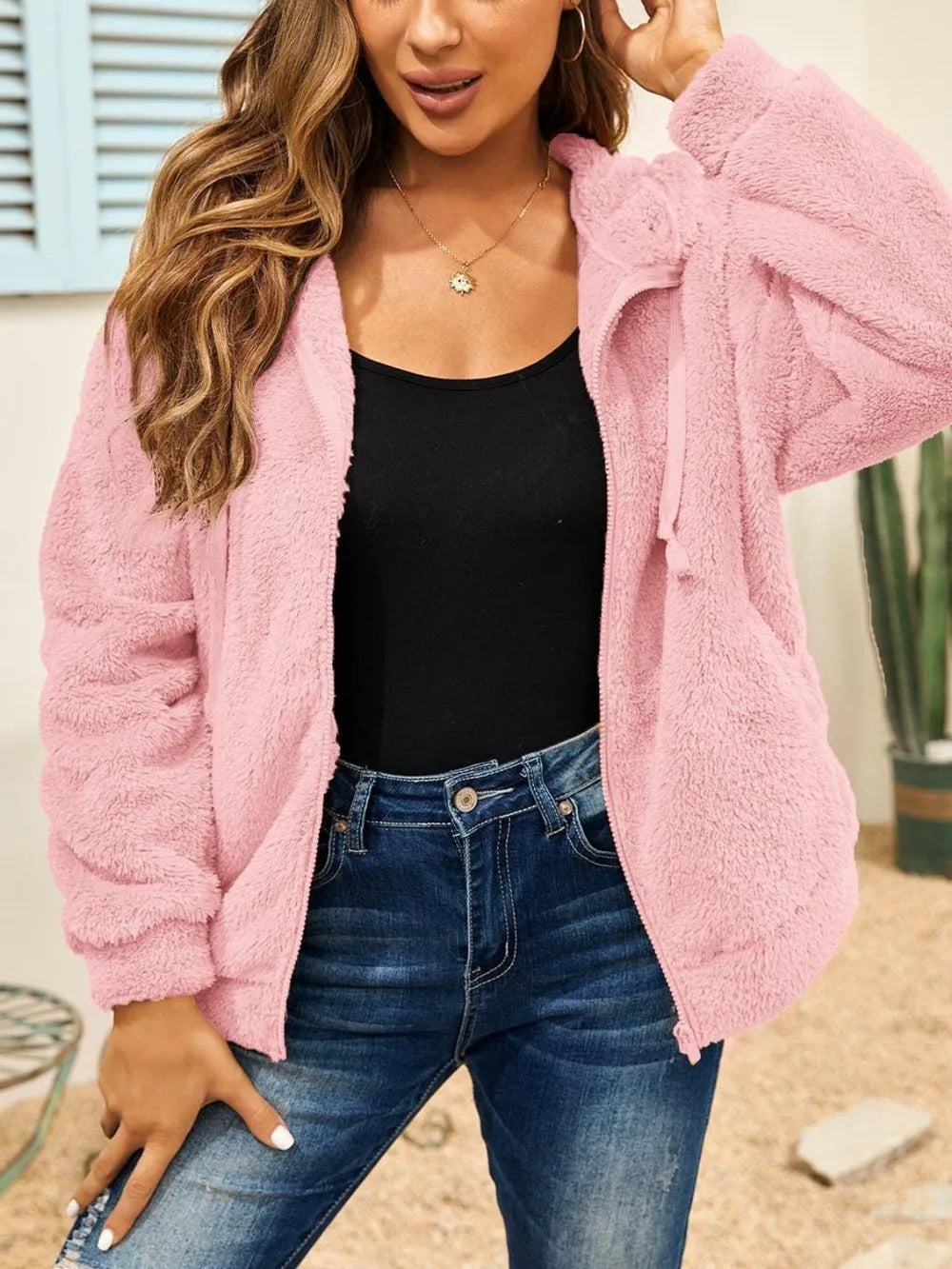 Drawstring Zip Up Hooded Plush Jacket - V.I.P Digital Presence