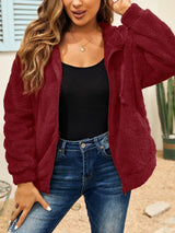 Drawstring Zip Up Hooded Plush Jacket - V.I.P Digital Presence