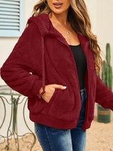 Drawstring Zip Up Hooded Plush Jacket - V.I.P Digital Presence