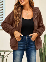 Drawstring Zip Up Hooded Plush Jacket - V.I.P Digital Presence