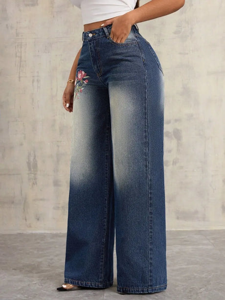 Embroidered Wide Leg Jeans - V.I.P Digital Presence