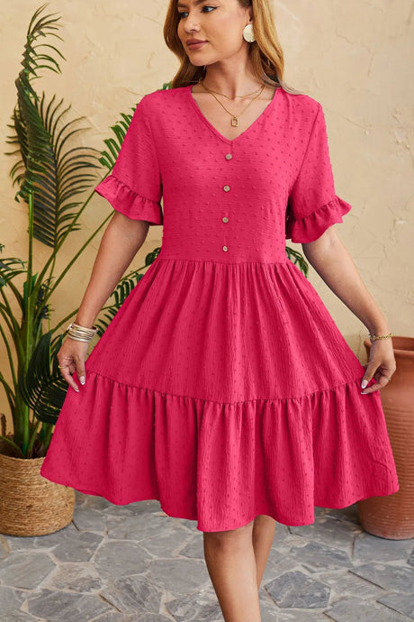 New V-neck jacquard waist cinched five quarter sleeve pleated dress - V.I.P Digital Presence