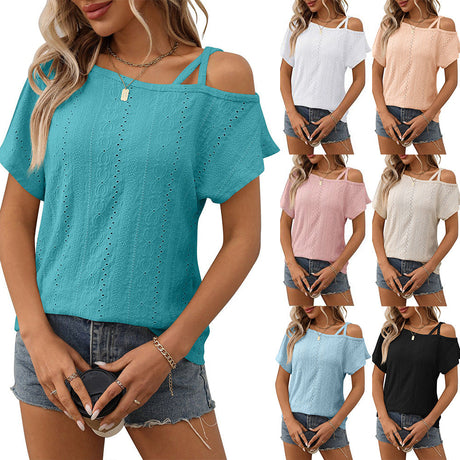 European and American one shoulder short sleeved T-shirt hollowed out top for women - V.I.P Digital Presence