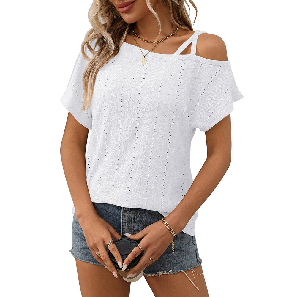 European and American one shoulder short sleeved T-shirt hollowed out top for women - V.I.P Digital Presence
