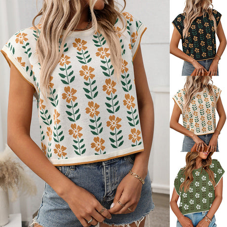European and American round neck knitted small flower top - V.I.P Digital Presence