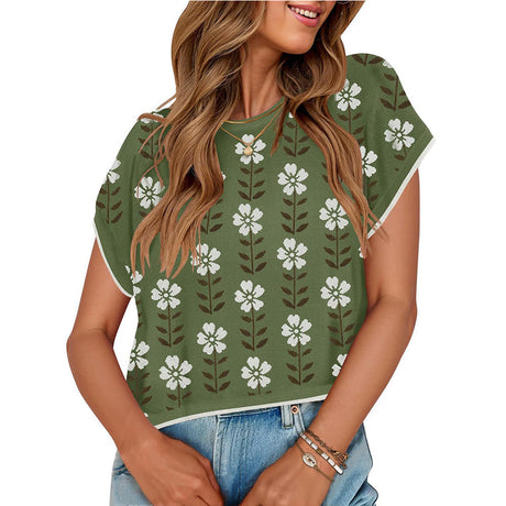 European and American round neck knitted small flower top - V.I.P Digital Presence