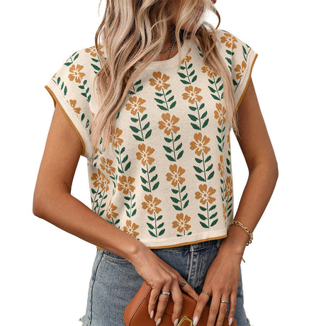 European and American round neck knitted small flower top - V.I.P Digital Presence
