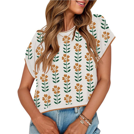 European and American round neck knitted small flower top - V.I.P Digital Presence