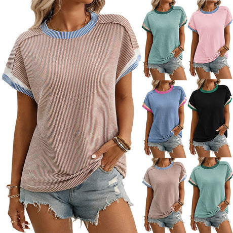 European and American round neck outer seam twisted strip short sleeved loose color blocked T-shirt - V.I.P Digital Presence