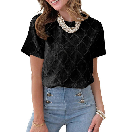 European and American round neck short sleeved imitation embroidery flower jacquard top T-shirt for women - V.I.P Digital Presence