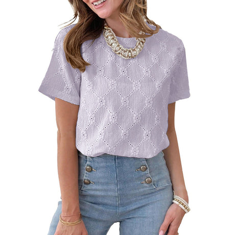 European and American round neck short sleeved imitation embroidery flower jacquard top T-shirt for women - V.I.P Digital Presence