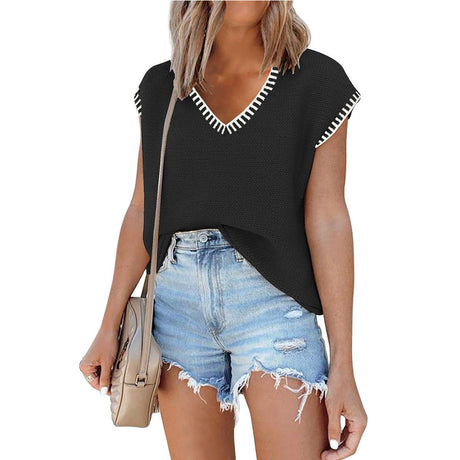 European and American V-neck short sleeved striped top - V.I.P Digital Presence