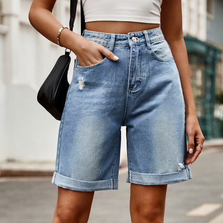 European and American women's perforated rolled edge five quarter denim shorts casual pants - V.I.P Digital Presence