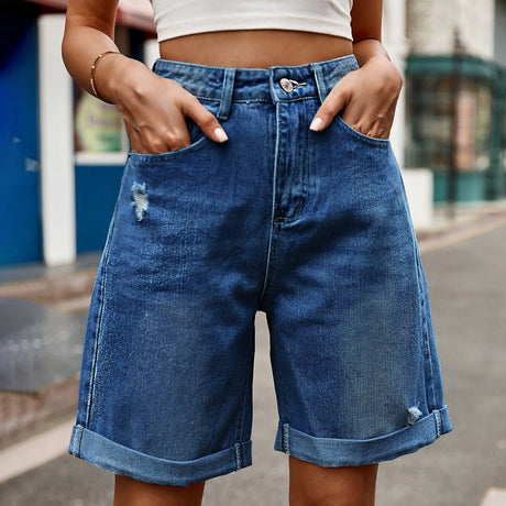 European and American women's perforated rolled edge five quarter denim shorts casual pants - V.I.P Digital Presence