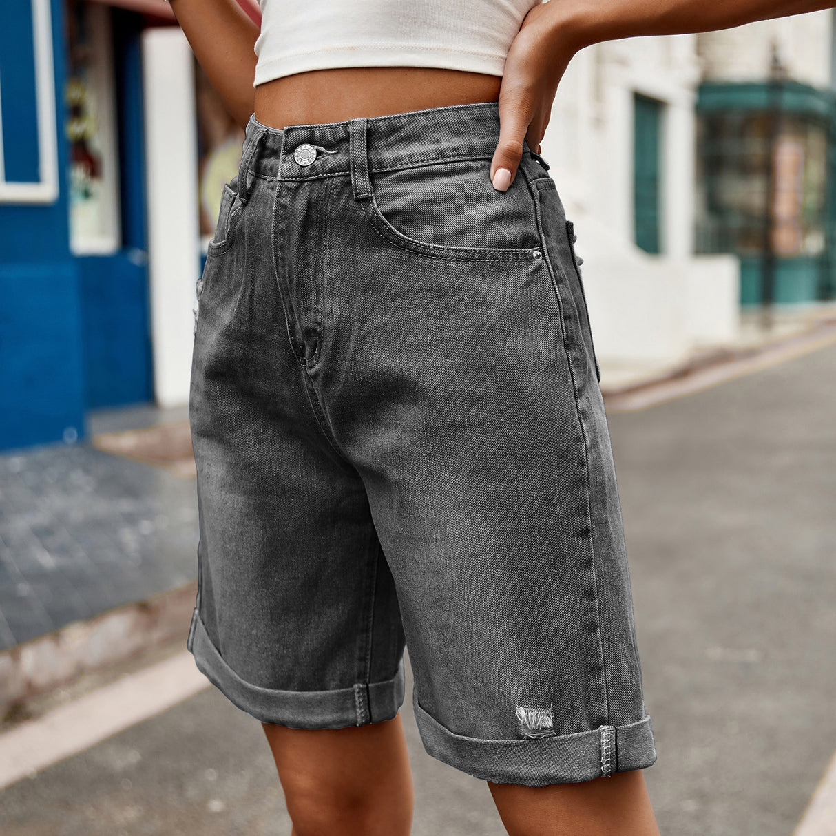 European and American women's perforated rolled edge five quarter denim shorts casual pants - V.I.P Digital Presence