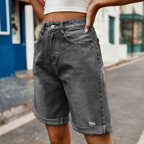 European and American women's perforated rolled edge five quarter denim shorts casual pants - V.I.P Digital Presence