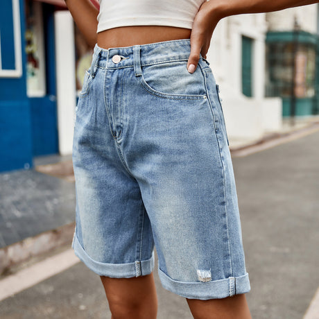 European and American women's perforated rolled edge five quarter denim shorts casual pants - V.I.P Digital Presence