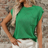 European and American women's round neck pocket decoration diamond grid short sleeved top for women - V.I.P Digital Presence