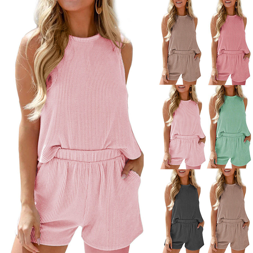 European and American women's sleeveless vest shorts striped two-piece set - V.I.P Digital Presence
