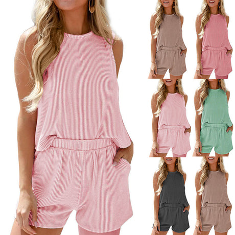 European and American women's sleeveless vest shorts striped two-piece set - V.I.P Digital Presence