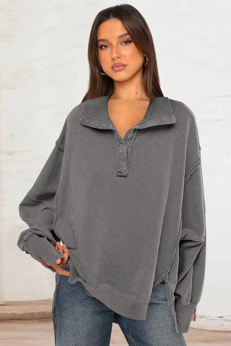 Exposed Seam Side Slit Long Sleeve Sweatshirt - V.I.P Digital Presence