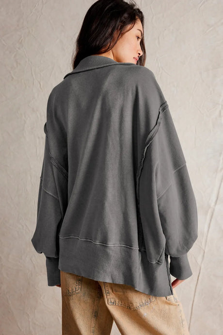 Exposed Seam Side Slit Long Sleeve Sweatshirt - V.I.P Digital Presence