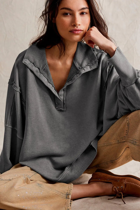 Exposed Seam Side Slit Long Sleeve Sweatshirt - V.I.P Digital Presence