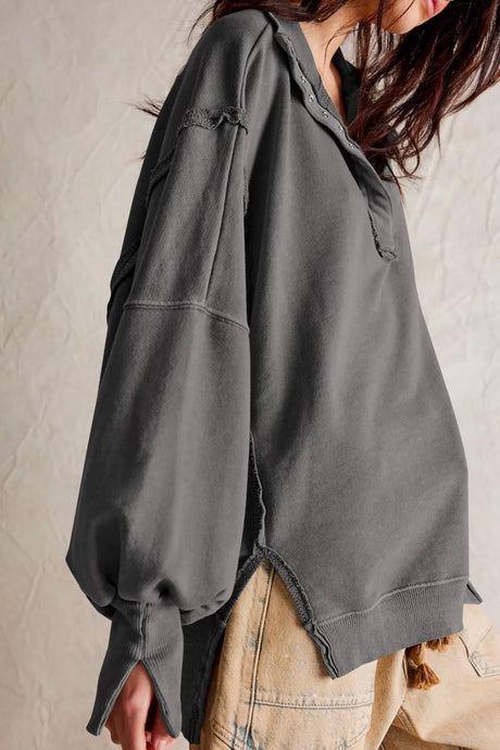 Exposed Seam Side Slit Long Sleeve Sweatshirt - V.I.P Digital Presence