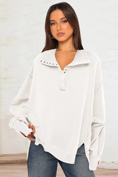 Exposed Seam Side Slit Long Sleeve Sweatshirt - V.I.P Digital Presence